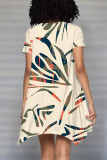 Multicolor Casual Floral Print Irregular Contrast O Neck Irregular Short Sleeve Dress