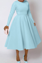 Baby Blue Elegant Solid Color Patchwork Zipper O Neck A Line Dresses