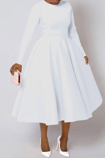 White Elegant Solid Color Patchwork Zipper O Neck A Line Dresses