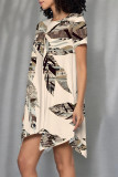 Multicolor Casual Floral Print Irregular Contrast O Neck Irregular Short Sleeve Dress