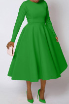 Green Elegant Solid Color Patchwork Zipper O Neck A Line Dresses