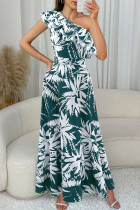 Green Elegant Print Patchwork Backless Ruffled Trim Oblique Collar Long Dresses