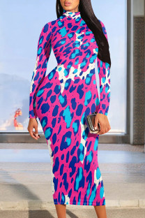Rose Red Casual Print Patchwork Half A Turtleneck Wrapped Skirt Dresses