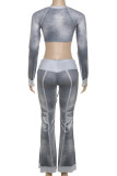 Grey Sexy Print Draw String Patchwork U Neck Long Sleeve Two Pieces