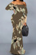 Olive Green Sexy Floral Print Polka Dot Ruffle Contrast Off Shoulder Long Dresses