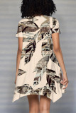 Multicolor Casual Floral Print Irregular Contrast O Neck Irregular Short Sleeve Dress