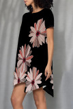 Multicolor Casual Floral Print Irregular Contrast O Neck Irregular Short Sleeve Dress