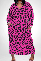 Deep Pink Casual Print Pocket Patchwork V Neck Long Plus Size Dresses