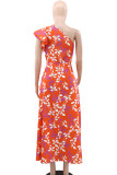 Red Elegant Print Patchwork High Slit Oblique Collar Long Dresses