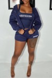 Deep Blue Casual Sportswear Letter Print Basic U Neck Long Sleeve Three Piece Set