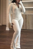 White Casual Solid Color Patchwork Zipper Zipper Collar Long Sleeve Two Pieces
