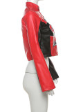 Red Casual Letters Patchwork Zipper Contrast Zipper Collar Outerwear