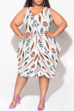 White Brown Casual Letter Print Gradient Irregular Contrast U Neck Irregular Plus Size Dresses