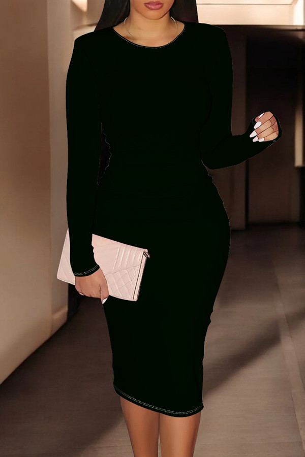 Black Casual Solid Color Patchwork O Neck Wrapped Skirt Dresses