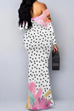 Navy Blue Sexy Floral Print Polka Dot Ruffle Contrast Off Shoulder Long Dresses