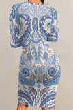 Light Blue Casual Street Floral Print Contrast O Neck Printed Dresses