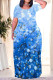 Blue Casual Floral Print Stripe Pocket Contrast O Neck Long Plus Size Dresses
