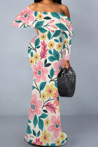 Apricot Sexy Floral Print Contrast Off Shoulder One Step Skirt Dresses