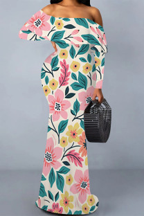 Apricot Sexy Floral Print Contrast Off Shoulder One Step Skirt Dresses