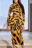 Black Brown Casual Print Patchwork Half A Turtleneck Wrapped Skirt Dresses