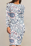 Light Blue Casual Street Floral Print Contrast O Neck Printed Dresses