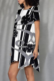 Multicolor Casual Floral Print Irregular Contrast O Neck Irregular Short Sleeve Dress
