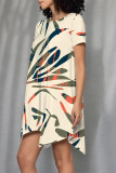 Multicolor Casual Floral Print Irregular Contrast O Neck Irregular Short Sleeve Dress