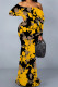 Black Yellow Sexy Floral Print Polka Dot Ruffle Contrast Off Shoulder Long Dresses