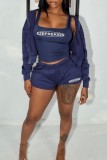 Deep Blue Casual Sportswear Letter Print Basic U Neck Long Sleeve Three Piece Set