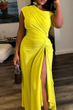 Pink Elegant Solid Color Patchwork High Slit Oblique Collar Irregular Dresses