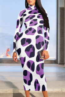 Purple Casual Print Patchwork Half A Turtleneck Wrapped Skirt Dresses