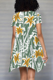 Multicolor Casual Floral Print Irregular Contrast O Neck Irregular Short Sleeve Dress