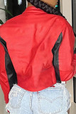Red Casual Letters Patchwork Zipper Contrast Zipper Collar Outerwear