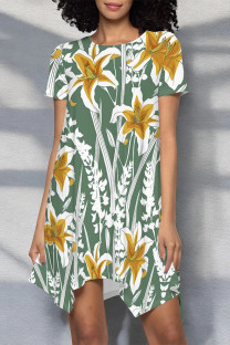 Green Casual Floral Print Irregular Contrast O Neck Irregular Short Sleeve Dress
