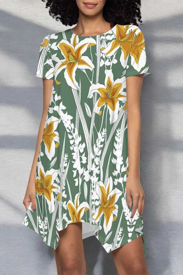 Green Casual Floral Print Irregular Contrast O Neck Irregular Short Sleeve Dress