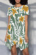 Green Casual Floral Print Irregular Contrast O Neck Irregular Short Sleeve Dress