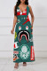 Green Casual Cartoon Print Letters Pocket Contrast V Neck Sling Dresses