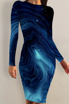 Dark Blue Casual Striped Print Gradient Contrast O Neck Printed Dresses