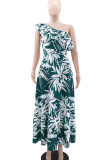 Green Elegant Print Patchwork Backless Ruffled Trim Oblique Collar Long Dresses