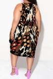 White Brown Casual Letter Print Gradient Irregular Contrast U Neck Irregular Plus Size Dresses