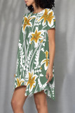 Multicolor Casual Floral Print Irregular Contrast O Neck Irregular Short Sleeve Dress