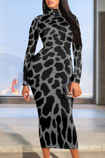 Dark Gray Casual Print Patchwork Half A Turtleneck Wrapped Skirt Dresses