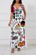 White Sexy Graffiti Print Letters Pocket Contrast V Neck Sling Dresses