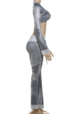 Grey Sexy Print Draw String Patchwork U Neck Long Sleeve Two Pieces