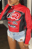 Red Casual Letters Patchwork Zipper Contrast Zipper Collar Outerwear