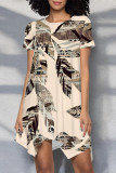 Multicolor Casual Floral Print Irregular Contrast O Neck Irregular Short Sleeve Dress