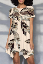 Multicolor Casual Floral Print Irregular Contrast O Neck Irregular Short Sleeve Dress