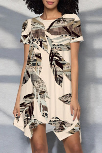 Multicolor Casual Floral Print Irregular Contrast O Neck Irregular Short Sleeve Dress