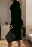 Black Casual Solid Color Patchwork O Neck Wrapped Skirt Dresses
