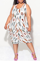 White Casual Letter Print Gradient Irregular Contrast U Neck Irregular Plus Size Dresses